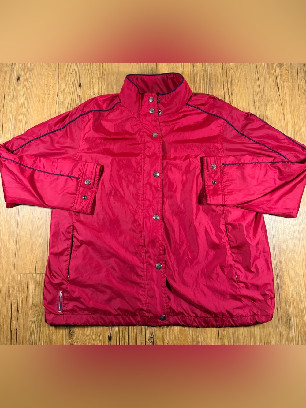 Lauren Ralph Lauren Petite P/L Red Windbreaker Jacket Navy Piping Zip Snap